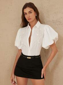 Aveloria Rosie New Sequin Embellished Petal Sleeve Sweet Cropped Blouse - White - View 7