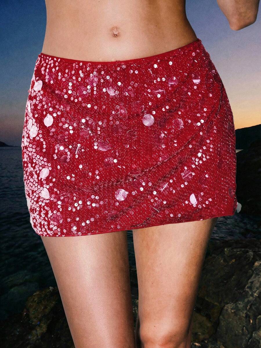 SHEIN ICON Váy ngắn ôm sát eo siêu trễ đính sequin gợi cảm - Màu Đỏ Sâu - Xem 1