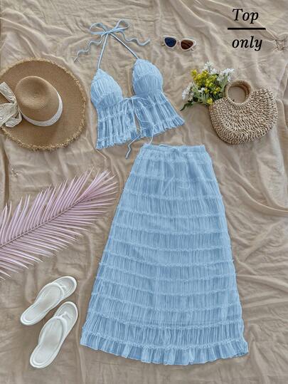 Soleia Camiseta de mujer con textura, de cuello halter, sin espalda y ajustable