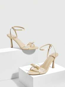 CUCCOO CHICEST 女士金色金属格纹爱心水钻装饰踝带凉鞋，时尚迷人性感金属圆头高跟鞋，夏季必备 - 香檳色色丁 - 查看 2