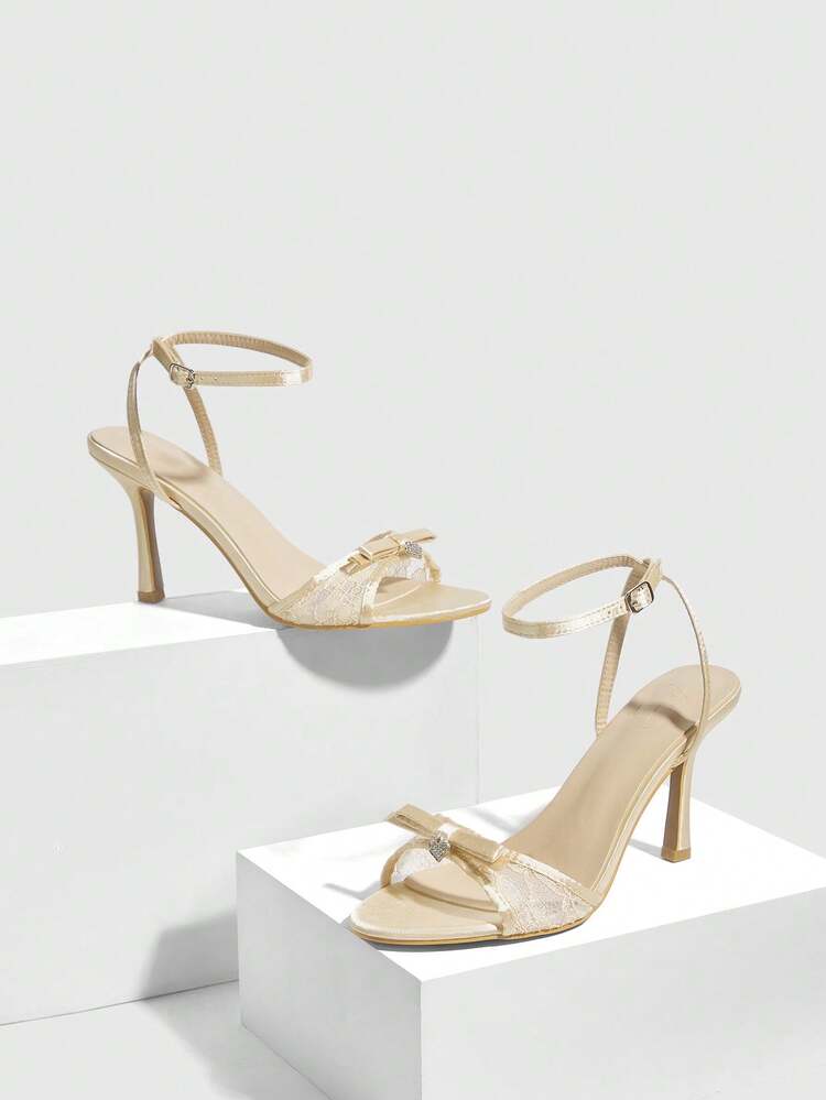 CUCCOO CHICEST Women's Gold Metal Checkered Heart Rhinestone Decor Strap Ankle Strap Sandals, Fashionable Glamorous Sexy Metallic Round Toe High Heels For Summer Wedding Shoes Summer Shoes Bride Shoes