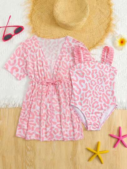 SHEIN 1pc Cute Pink Leopard Print Knit Fabric Swimsuit With Cover-Up, 2 Pieces Set, Fashionable Casual Elegant Suitable For Swimming, Vacation, Summer Kids Swimsuits With Cover Up Set Girls Bathing Suit Sets With Matching Cover Up Swimsuit With Coverup Set Girls Kids Two Piece Vacation Set Girls Two Piece Swimsuit Girls Two Piece Swimsuit Cover Up Kids Vacation Set