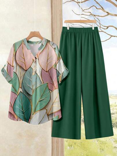 Rusticease 两件套休闲简约海藻叶印花上衣和宽松阔腿裤，大码女装，适合春夏、办公、旅行、休闲等场合。