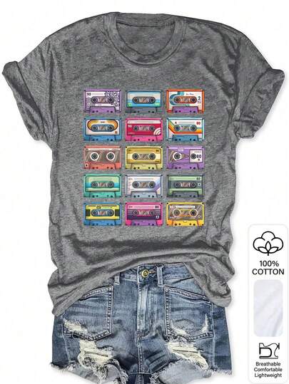 Damen Baumwoll Lässig Rundhals Kurzarm T-Shirt mit Tape Muster in Standardgröße