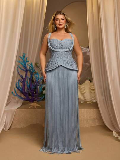 Glamrae Mono/vestido elegante de lujo con brillo, de color gris-verde, de talla grande, con escote sin tirantes, cintura fruncida, 2 en 1 con decoración de flecos, adecuado para ocasiones formales como galas, exposiciones, eventos de negocios, bodas, fiestas de solteros, vacaciones, citas y talla grande