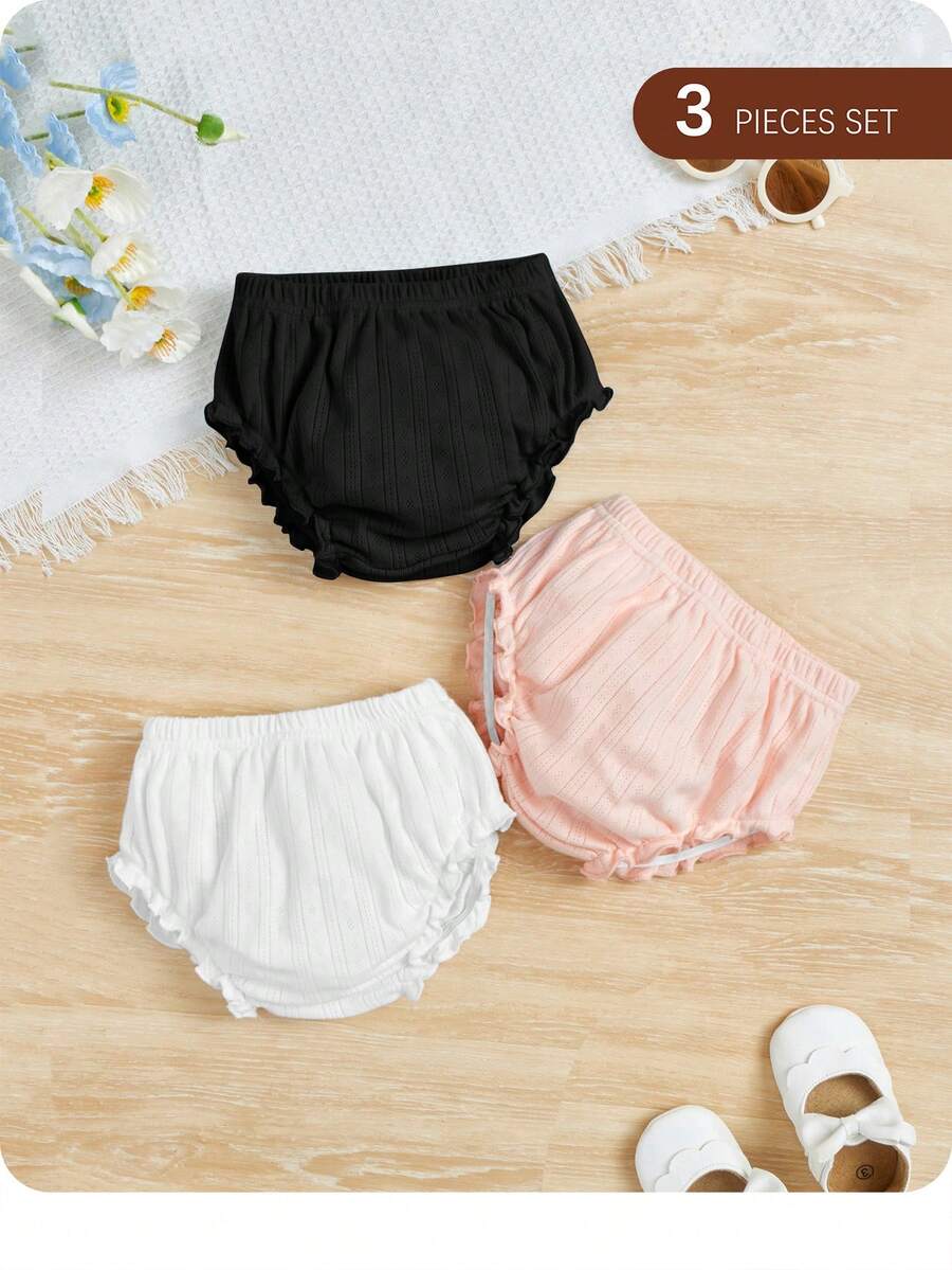 3pcs Baby Girl Knitted Casual Solid Color Triangle Elastic Waist Leggings - Baby Pink - View 1