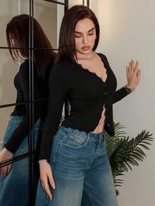 Bris Aura Women's Lace Frill Trim Fitted Cardigan Long Sleeve Top - Black - View 5