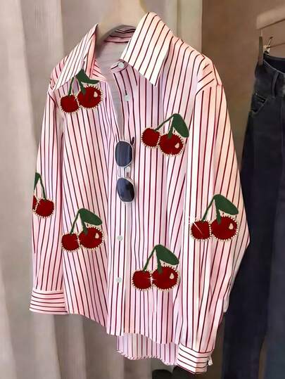 Franclia Plus Size Striped Rhinestone Embellished Shirt, Spring/Summer Clothing