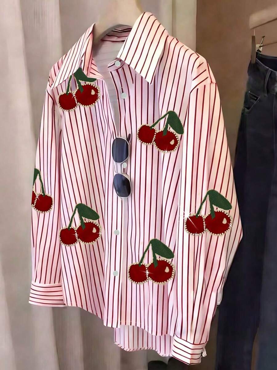 Franclia 大码条纹水钻装饰衬衫，春夏服装 - 彩色 - 查看 1