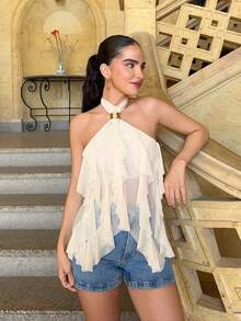 Marta Soriano 女士优雅多层荷叶边立领修身背心 - 米色 - 查看 1