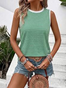 EMERY ROSE Women's Casual Round Neck Sleeveless Contrast Collar & Cuff Striped Print Pattern Tank Top - Multicolor - View 4