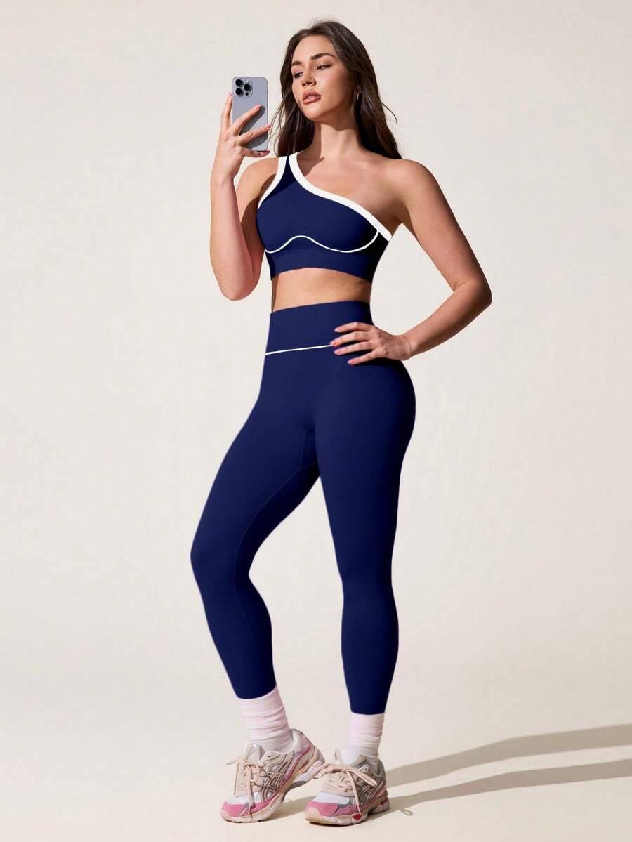 SHEIN Core Rhythm Bộ đồ thể thao nữ gồm áo tank top yoga lệch vai không đường may và quần tập nâng mông co giãn cao. - Màu xanh hải quân - Xem 1