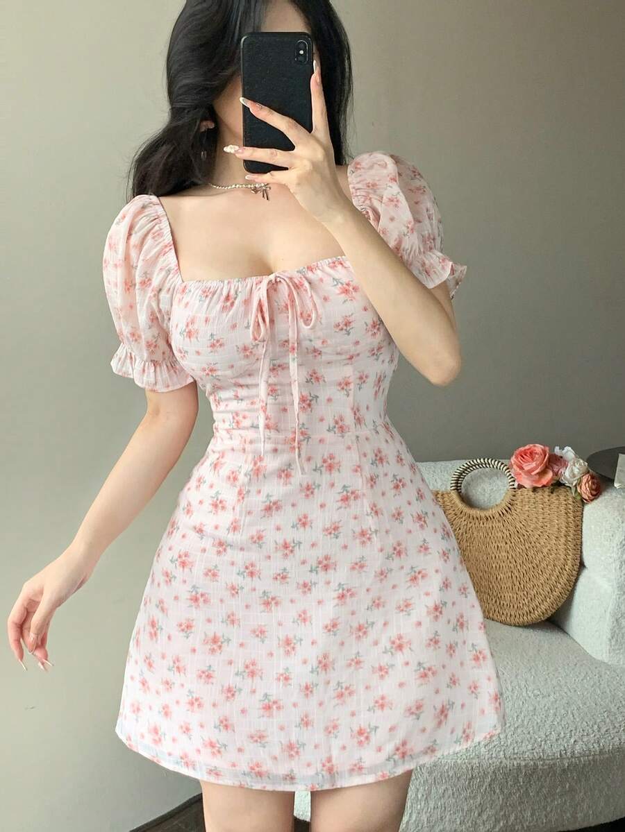 Joudiya Đầm bé gái màu hồng họa tiết hoa nhí thắt nơ tương phản, chất liệu ren, thích hợp cho ngày Valentine, đám cưới, tiệc tùng, sự kiện thời trang, đầm mini ôm sát thanh lịch phong cách boho, đầm đi nghỉ mát cho nữ - Hồng - Xem 1