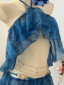 INAWLY 女士度假风腰果图案镂空荷叶边性感吊带迷你连衣裙 - 藍色 - 查看 4