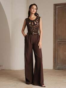 Anewsta Blusa casual ajustada de talla grande para mujer con cuello redondo y diseño calado de unicolor - Marrón - Ver 7