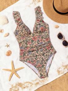 Swim Vcay 26SS Women's Spring/Summer Beach Vacation BOHO Bohemian Style Fresh Sweet Ditsy Floral Elegant Romantic Ruffle Trim V-Neck One-Piece Swimsuit - Multicolor - View 6