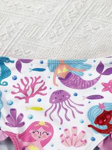 SHEIN 2pcs/Set Young Girl Casual Knit Crew Neck Long Sleeve Top And Triangle Swim Shorts Set - Blue - View 7