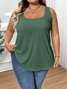 SHEIN CURVE+ 大码女式时尚宽松舒适无袖T恤背心 - 綠色 - 查看 5