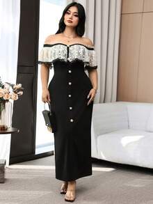 Feyla Plus Size Elegant Contrast Color Lace Patchwork Off-Shoulder Dress, Summer - Multicolor - View 7