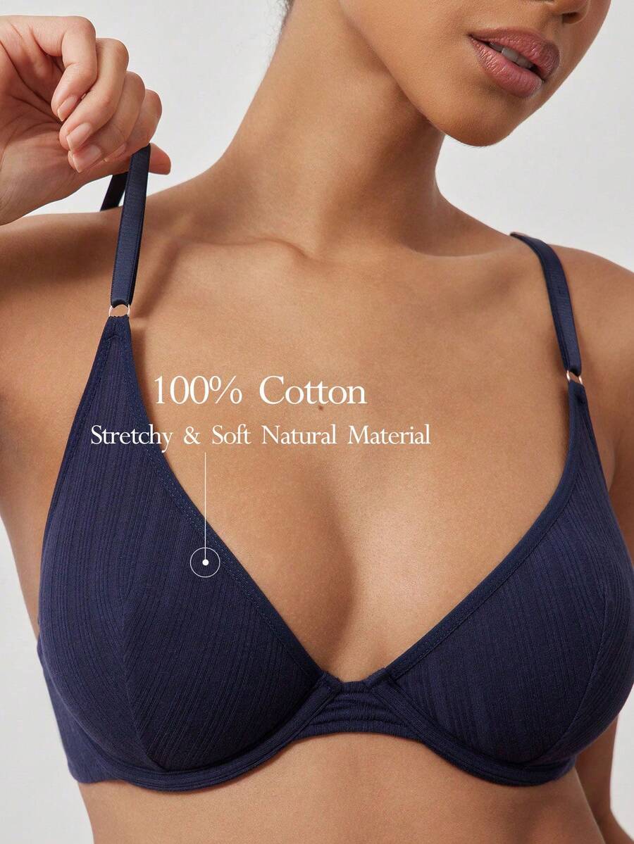 Ocili 1pc Navy Blue Comfortable Minimalist Women's Thin Underwire Bra With Lift And Support, No Padding, For Large Bust - Blue - View 1