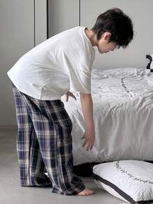 DAZY Tween Boy Solid Color Round Neck Drop Shoulder T-Shirt And Plaid Pants Casual Outfit Summer - White - View 2