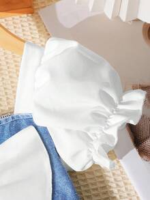 SHEIN Playful Pals 女童（小号）春夏牛仔连衣裙，白色蝴蝶结装饰，白色梭织面料泡泡袖拼接牛仔腰身连衣裙，白色串珠下摆设计，适合年轻女孩穿着，优雅、休闲、时尚、可爱，适合日常、上学、外出、度假、派对等场合。 - 淺色水洗藍 - 查看 6