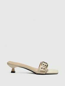 CUCCOO BIZCHIC Giày nữ mùa xuân hè mới, kiểu dáng ngoài trời, màu be, mũi vuông, hở mũi, cao gót, sandal đế xuồng kiểu Pháp có khóa kim loại. - Màu be - Xem 2