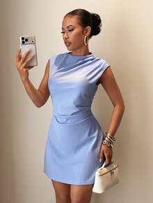 Slaydiva Đầm ngắn dáng chữ A thanh lịch, thoải mái, thích hợp cho nữ đi làm, đa năng. - Màu xanh lam - Xem 1