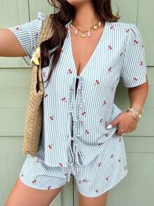 Vionelle 大码梭织条纹V领纹理短袖上衣和抽绳腰休闲短裤套装，夏季女装套装，夏季短款套装，女士度假装，女士度假服装，女士短款套装，夏季套装，女士海滨装，女士度假装，女士夏季上衣，女士夏季套装，女士夏季两件套，女士休闲衬衫，女士度假套装，女士夏季衬衫，女士野餐装，女士沙滩装 - 藍色 - 查看 1