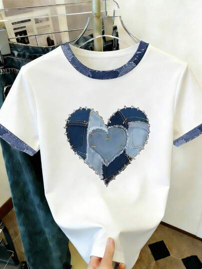 EMERY ROSE 心形印花圆领短袖加大码T恤，夏季
