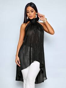 SOLERSUN Camicetta elegante in chiffon da donna, stile vacanziero, colore unito, senza maniche, scollo a spalla, collo alla coreana, fluida, adatta per occasioni serali, matrimoni, feste e uso quotidiano - nero - Visualizzare 3
