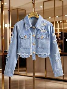 GlowEve 女士单排扣毛边休闲百搭日常长袖牛仔外套 - 藍色 - 查看 1