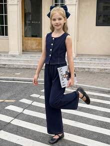 Conjunto de 2 piezas de niña preadolescente para ir a la escuela o eventos formales, con top sin mangas elegante y pantalones rectos holgados con contraste de pespuntes y chaleco vaquero de verano - Azul - Ver 8