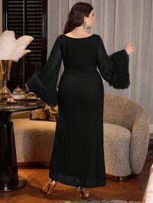 Modelyn Vestido de línea A con volantes en la cintura, mangas acampanadas de malla de unicolor elegante, talla grande, adecuado para primavera y otoño - Negro - Ver 2