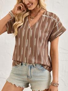 Breezaya Vacation & Work Commute Bohemian Striped & Geometric Print Shirt, Spring/Summer - Brown - View 3