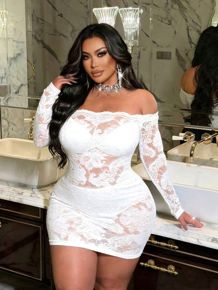 NU&NOW Lace Sexy Sheer Floral Trim Off-Shoulder Long Sleeve Dress - White - View 1