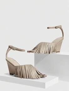 CUCCOO SZL Giày sandal cao gót đế xuồng thời trang thanh lịch dành cho nữ, có tua rua, thích hợp cho việc đi làm. - Màu be - Xem 2