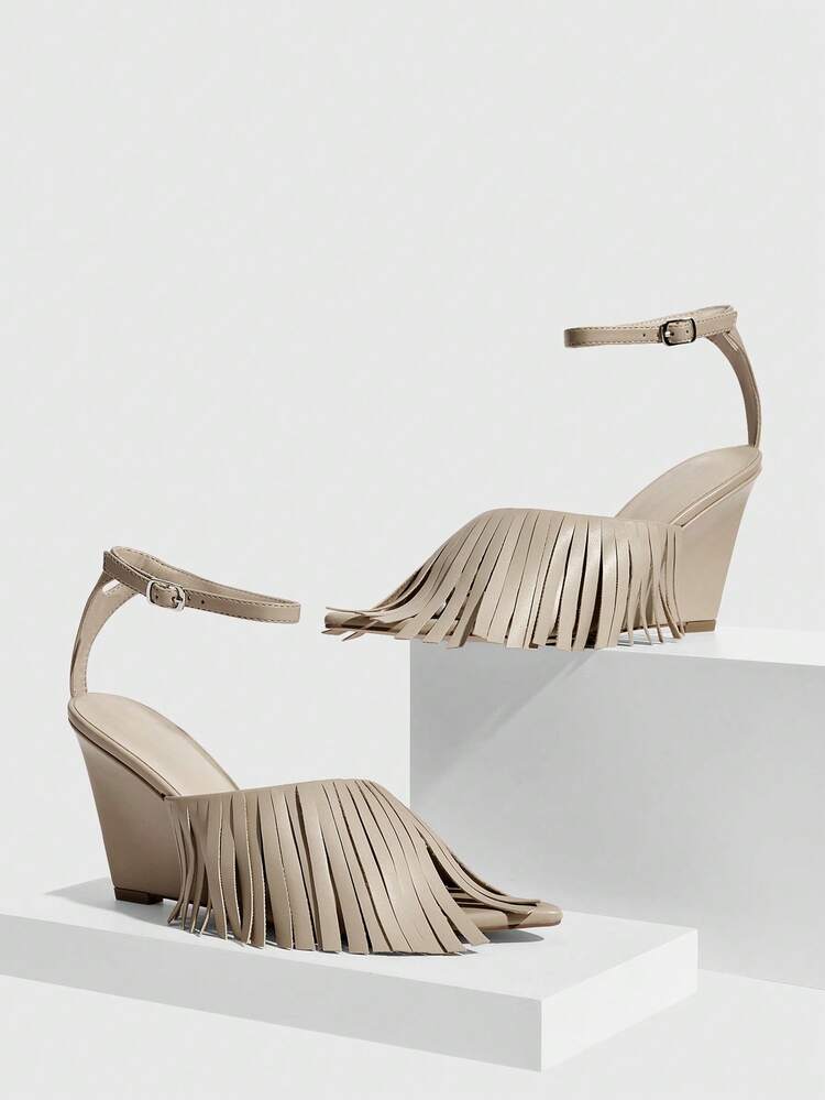 CUCCOO SZL Women's Fashionable Elegant Commuter Fringe Decor Wedge High Heel Sandals Spring Shoes Prom Heels