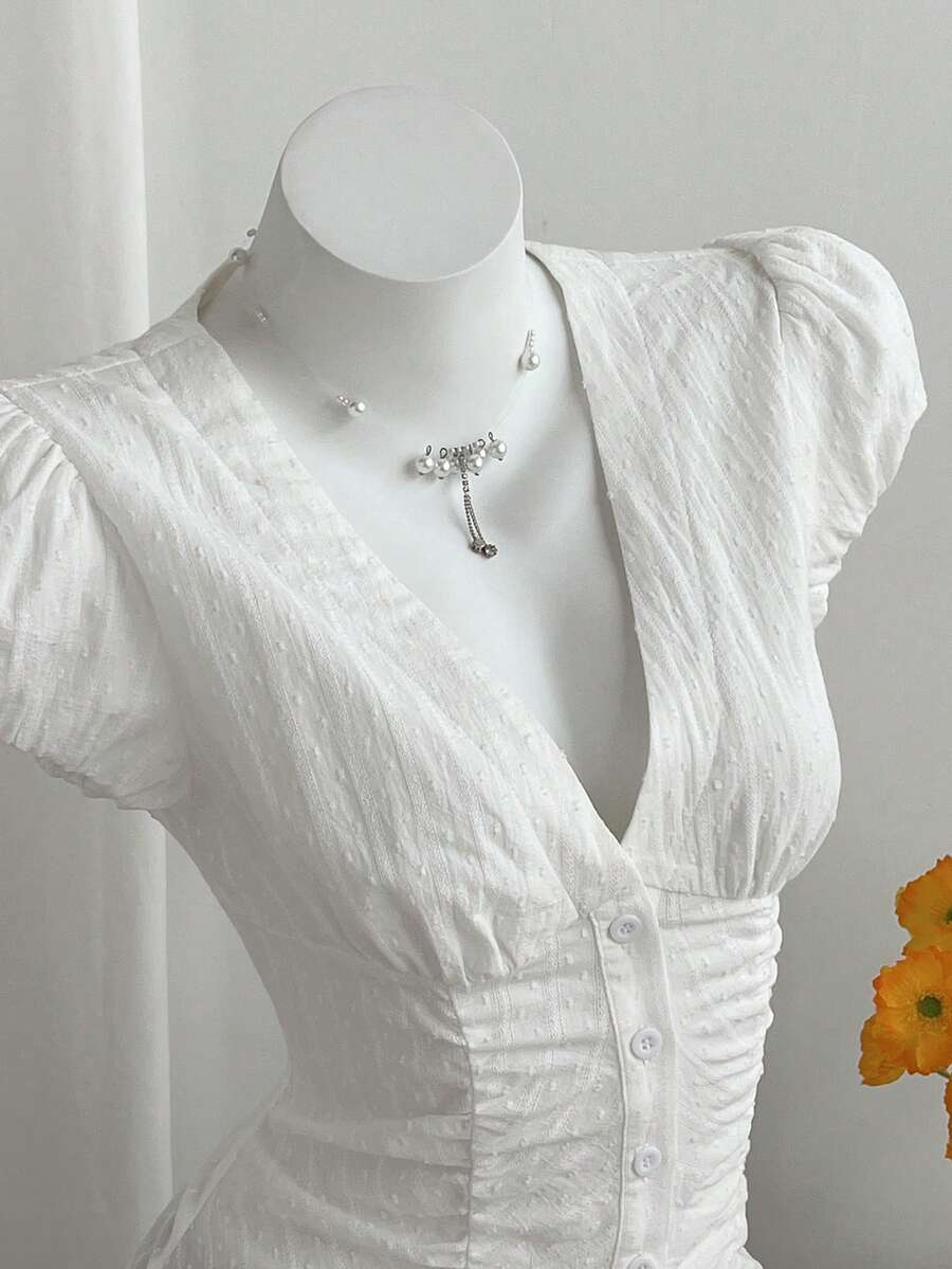 Elamini Women's Casual Deep V-Neck Pleated Petal Sleeve Blouse, Made Of Organic Cotton Jacquard Fabric - White - View 1