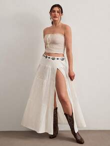 Freevana Đầm maxi dáng rộng cạp cao xẻ tà màu trắng ren dệt kim phong cách Bohemian, chân váy dài gợi cảm kiểu retro giúp thon gọn vóc dáng khi đi nghỉ mát, chân váy dài dáng suông thoải mái cho nữ dịp lễ hội. - trắng - Xem 3