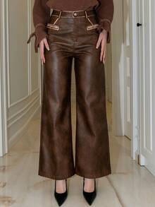 Bris Aura 复古做旧洗水PU皮革口袋裤，女款新年款 - 巧克力棕 - 查看 5