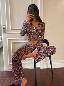 Napfluff Women's Casual Leopard Print V-Neck Fitted Long Sleeve Pajama Set - Multicolor - View 6