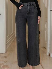 Bris Aura Chaebol Heavy Industry 女款黑色水钻装饰直筒牛仔裤 - 黑色 - 查看 3