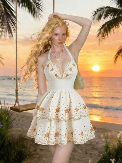 SHEIN MOD Cream Woven Fabric Dress, Halter Neck Style, Deep V Neckline, Wide Waistband, Tiered Ruffle Skirt, Brown Floral Embroidery, Scalloped Edges, Delicate Dot Patterns, Lightweight Material, Breathable Texture, Feminine Design, Flattering Fit, Flowing Silhouette, Soft Finish, Intricate Stitching, Vintage-Inspired Look, Elegant Detailing, Comfortable Wear, Playful Volume, Romantic Vibe, Detailed Embellishments, Structured Bodice, Natural Tones.