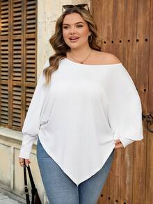 SHEIN CURVE+ Curve 尺码 US22 音乐节、海滨度假、波西米亚风女式不对称下摆蝙蝠袖纯色斜肩宽松休闲上衣 T 恤 秋季女装、冬季、CURVE PLUS 大码 T 恤 可爱上衣 - 白色 - 查看 7