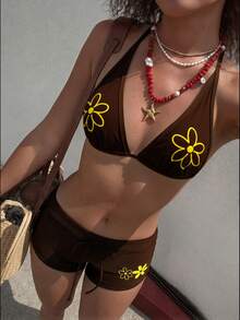 Swim Vcay Bộ đồ bơi nữ mùa hè in hoa gồm áo tam giác và quần đùi cạp thấp, kiểu dáng ngọt ngào, dễ thương, phù hợp cho kỳ nghỉ. - màu nâu - Xem 1