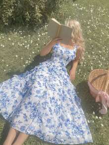 SHEIN MOD 蓝白碎花多层荷叶边方领连衣裙 – 适合约会、派对、女士春夏装、春假、度假、野餐、节日、生日等场合 - 藍白色 - 查看 3