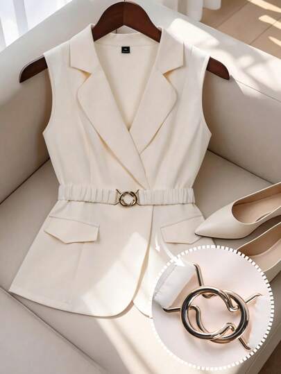 Franclia Áo khoác blazer mỏng dành cho nữ cỡ lớn, cổ chữ V hai mặt, thắt lưng nhún eo với khóa kim loại, gấu áo có thể mở, túi, kiểu dáng thanh lịch Pháp lãng mạn cổ điển, phù hợp cho công sở, đi biển, phong cách tối giản, đa năng, bộ sưu tập Xuân/Hè mới.