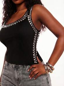 Radiana 大码女装春夏优雅华丽性感基础款亮片修身背心，适合嘻哈、休闲、街头风、西式服装、音乐节、复古、极简主义、演唱会、嘉年华派对、度假、外出、Y2K、Y3K风格，易于搭配，显瘦，凸显身材，修饰身形 - 黑色 - 查看 2