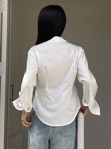 DAZY Áo kiểu nữ màu trơn, ôm eo, tay dài, phong cách thường ngày thanh lịch mùa hè. - trắng - Xem 2